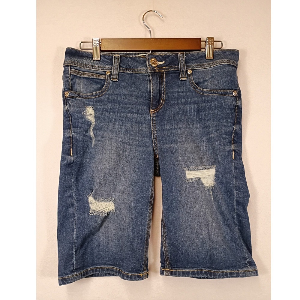 Distressed Boho Seven7 Womens Size 4 Blue Denim Ripped Bermuda Shorts MY3107